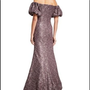 Jovani Off the shoulder puff sleeve embroidered mermaid gown- Lavender color